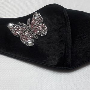 Black Satin Face Mask with Bling Butterfly